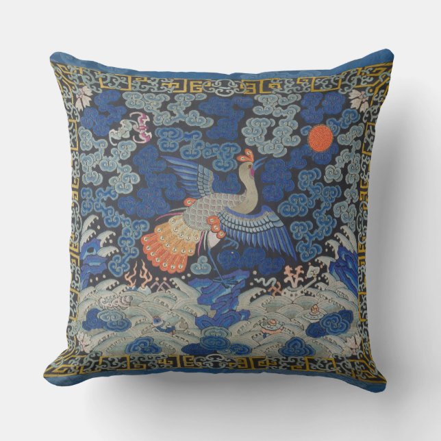 Bird Blue Chinese Embroidery Vintage Outdoor Pillow (Front)