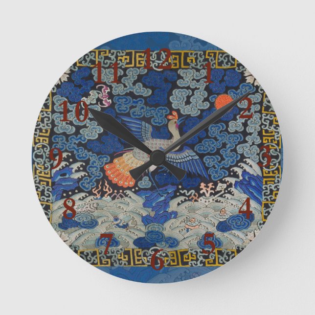 Bird Blue Chinese Embroidery Vintage Round Clock (Front)