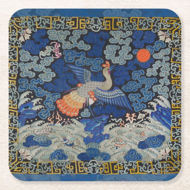 Bird Blue Chinese Embroidery Vintage Square Paper Coaster (Front)