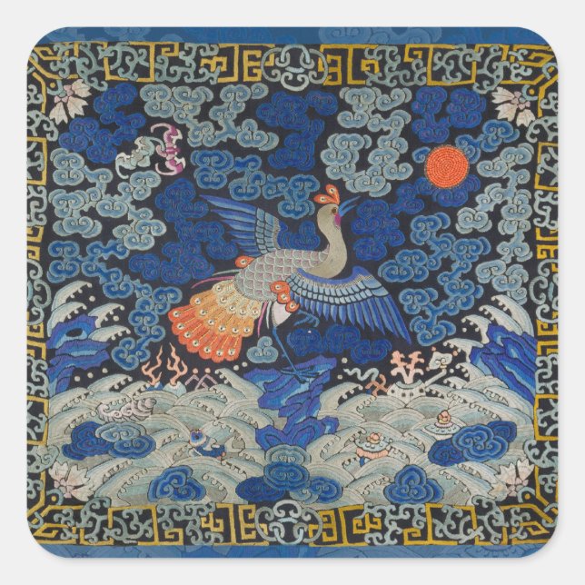 Bird Blue Chinese Embroidery Vintage Square Sticker (Front)
