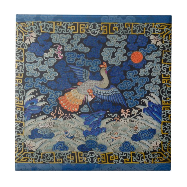 Bird Blue Chinese Embroidery Vintage Tile (Front)
