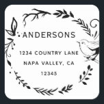 Bird & Botanical Wreath Return Address Square Sticker<br><div class="desc">Rustic botanical wreath & bird return address rubber sticker.</div>