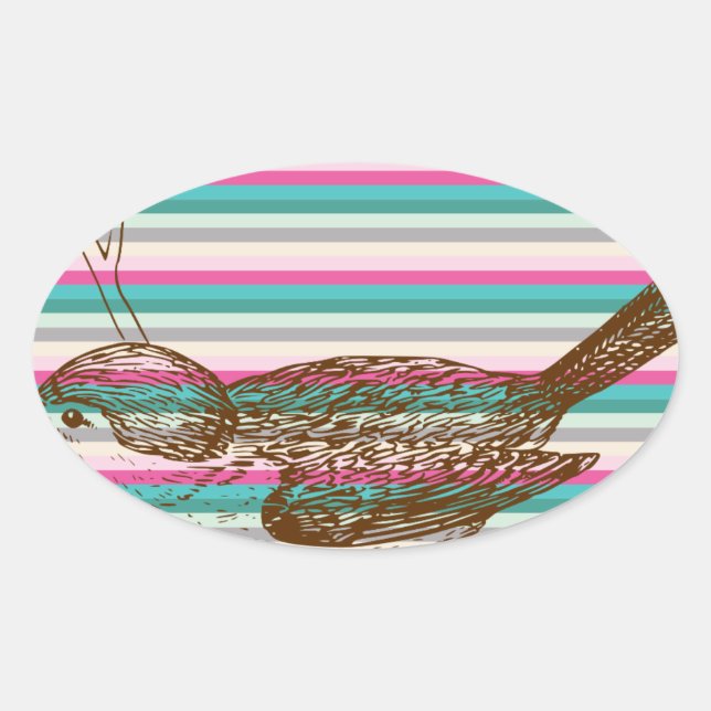 bird branch animals nature colourful pattern art oval sticker (Front)