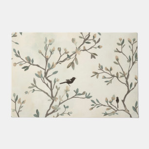 Bird Branch Watercolor Beige Nature Painting Doormat