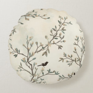 Bird Branch Watercolor Beige Nature Painting Round Pillow