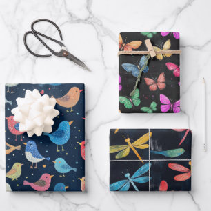 Bird, Butterfly & Dragonfly Pattern Sweet Gift Set Wrapping Paper Sheet
