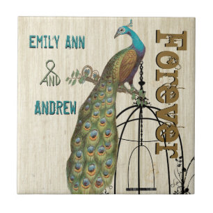 Bird Cage Peacock Wood Grain Forever Anniversary Tile