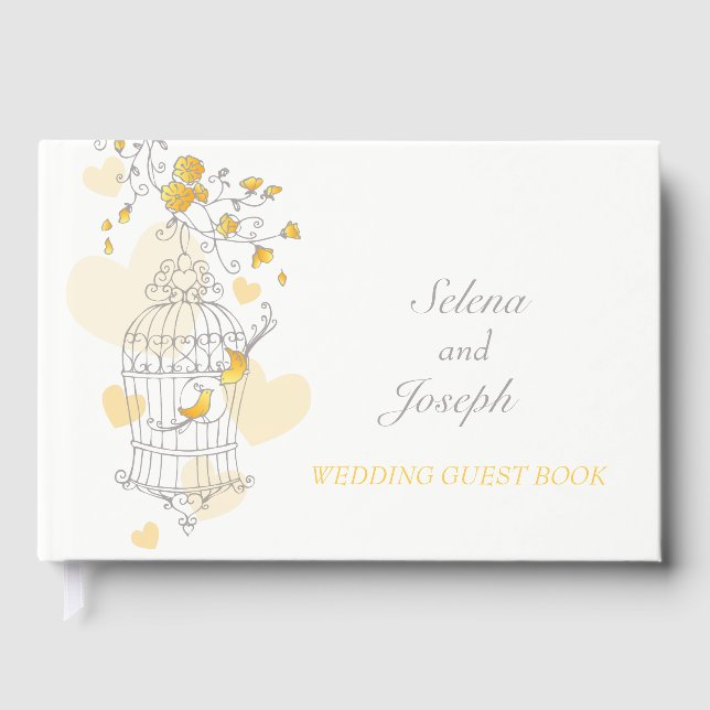 Bird cage two yellow birds wedding guest book (Front)
