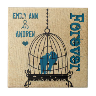 Bird Cage Wood Grain Tree Forever Anniversary Tile