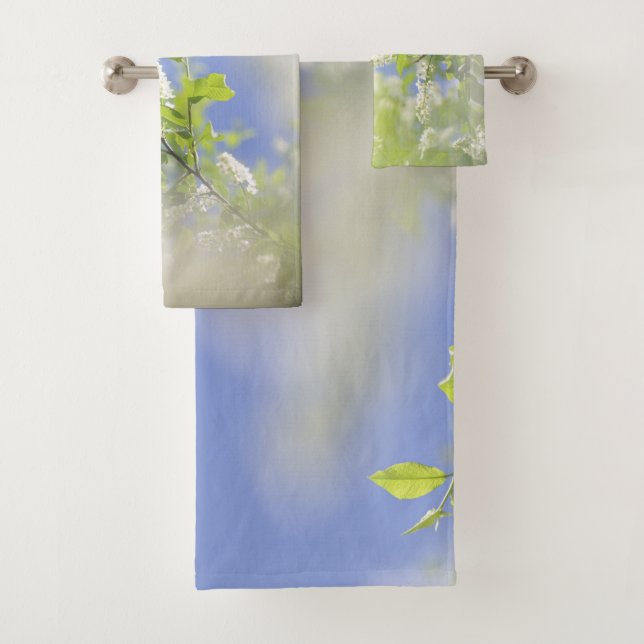 Bird Cherry Tree Blossoms Flowers Sky Bath Towel Set (Insitu)