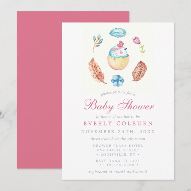 Bird Chick Boho Watercolor Girl Baby Shower Invitation (Front/Back)
