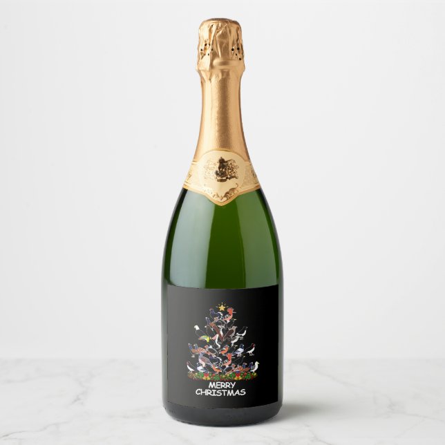 Bird Christmas Tree Merry Christmas Sparkling Wine Label (Front)