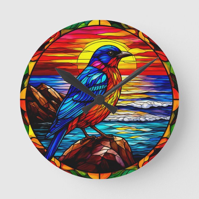 Bird Colourful Stained Glass Depiction Round Clock (Front)