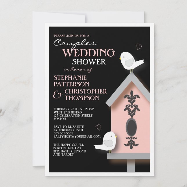 Bird Couple Damask Birdhouse Couples Shower Invitation (Front)