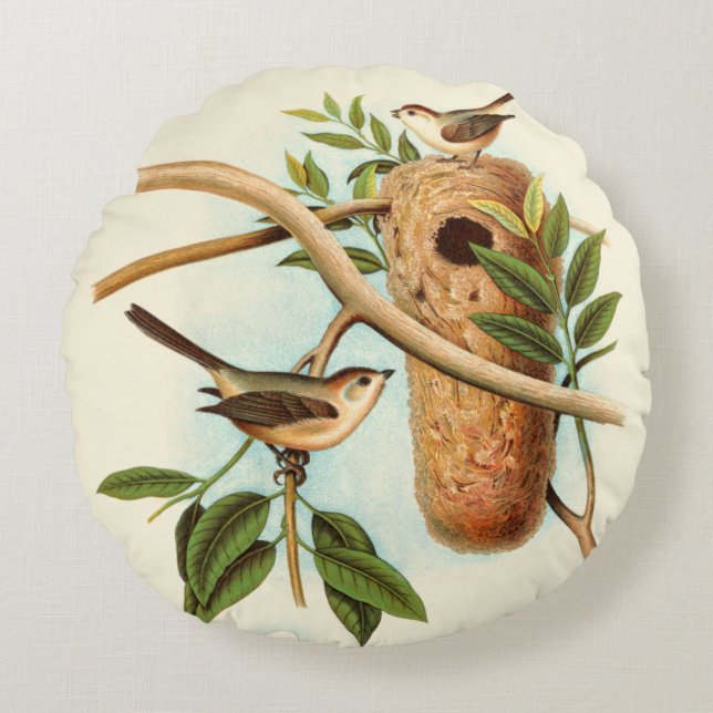 Bird Couple on a Nest Perched on a Branch Round Pillow (Front)