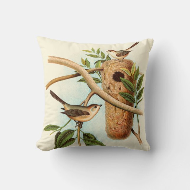 Bird Couple on a Nest Perched on a Branch Throw Pillow (Front)