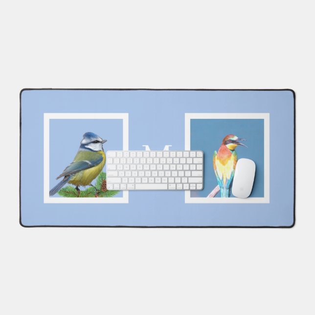 Bird Custom Photos and Monogram on Sky Blue Desk Mat (Keyboard & Mouse)