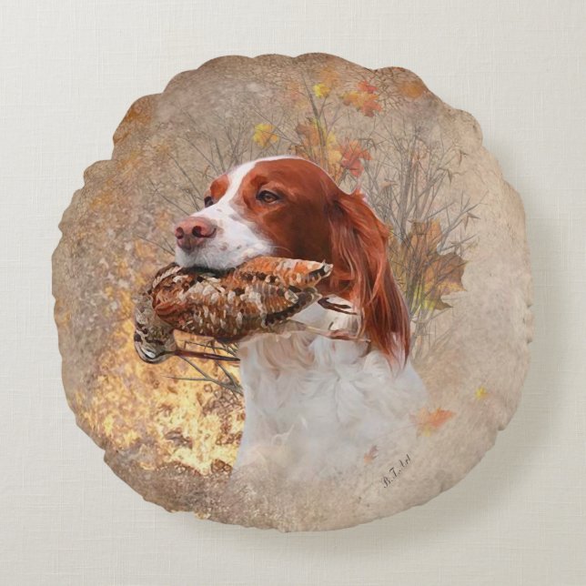 Bird dog , woodcock hunting round pillow (Front)