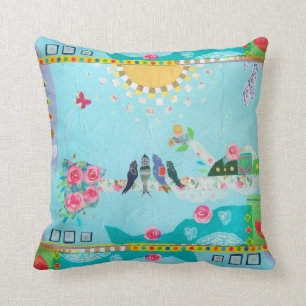 Bird Family Art Collage Throw Pillow