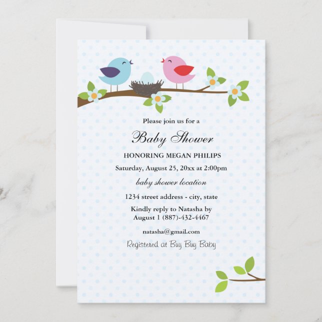 Bird Family Blue Baby Shower Invitation (Front)