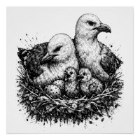 Bird Family Nest – Mythic Ink Illustration