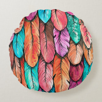 Bird feathers seamless pattern. Hand drawing water Round Pillow