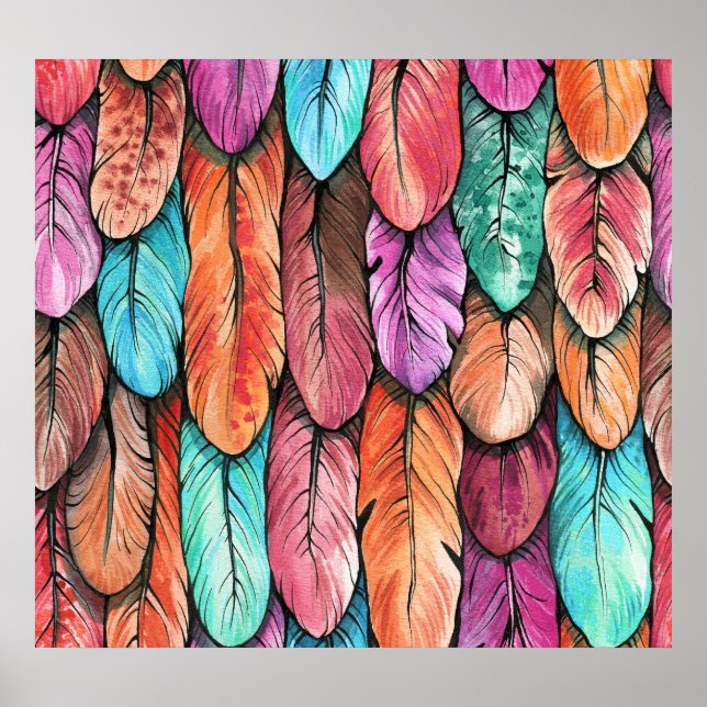 Bird feathers, watercolor, seamless pattern. poster (Front)