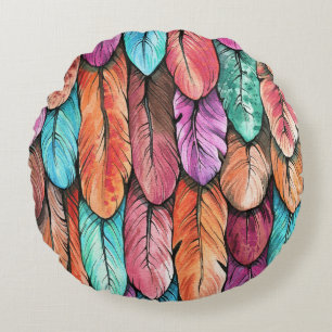 Bird feathers, watercolor, seamless pattern. round pillow