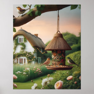 Bird Feeder and Birds Cottagecore Nature Scene Poster