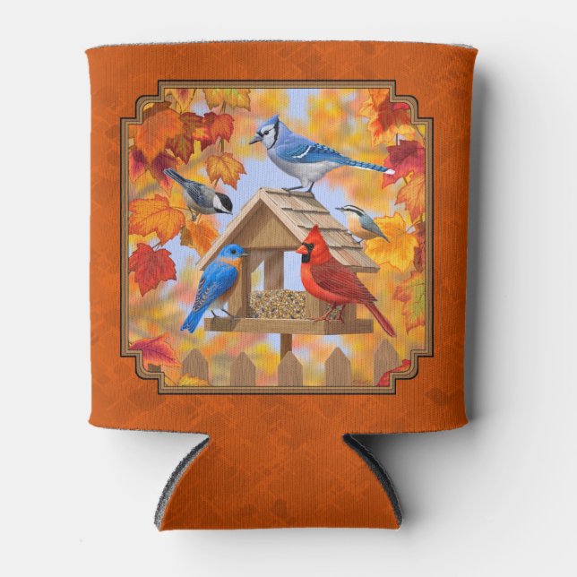 Bird Feeder Gathering Autumn Orange Can Cooler (Front)