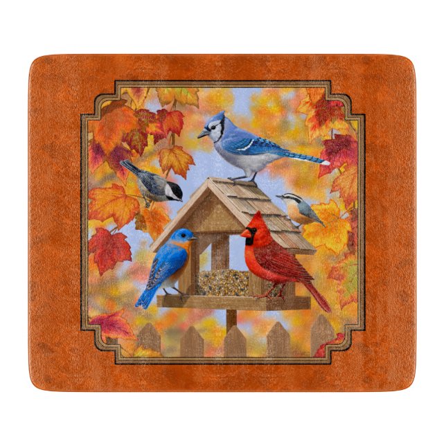 Bird Feeder Gathering Autumn Orange Cutting Board (Front)