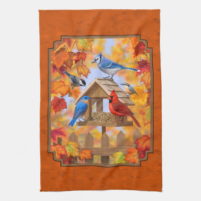 Bird Feeder Gathering Autumn Orange Kitchen Towel (Vertical)