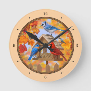 Bird Feeder Gathering Autumn Orange Round Clock