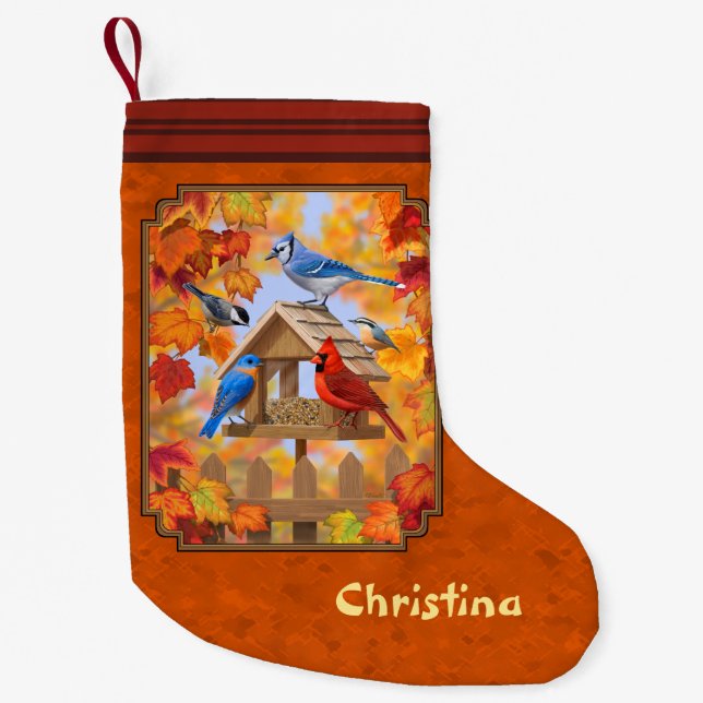 Bird Feeder Gathering Autumn Orange Small Christmas Stocking (Front)