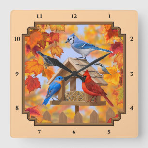 Bird Feeder Gathering Autumn Orange Square Wall Clock