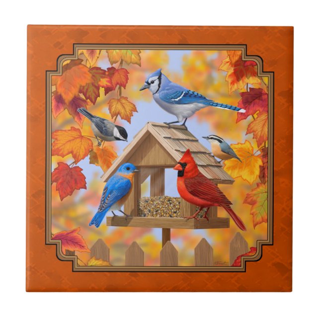 Bird Feeder Gathering Autumn Orange Tile (Front)