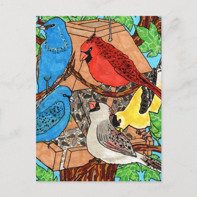 Bird Feeder Gathering Postcard (Front)