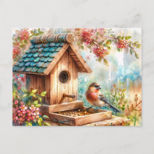 Bird Feeder Watercolor Floral Art Postcard