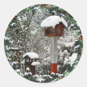 BIRD FEEDERS & SNOW by SHARON SHARPE Classic Round Sticker