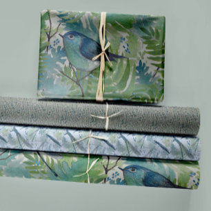 Bird Floral Blue Trio Decoupage Wrapping Paper Sheet