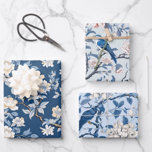 Bird Floral Chinoiserie Blue White Wrapping Paper Sheet (Front)