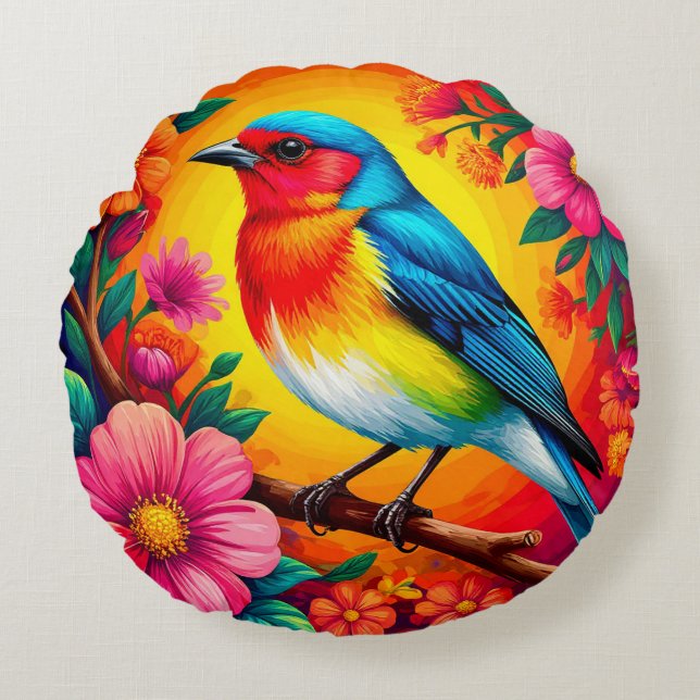 🌸 Bird Floral Spring Home Decor 🐦✨ Round Pillow (Front)