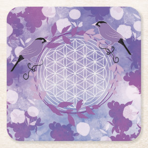 Bird, flower of life,flower, animal, purple, square paper coaster