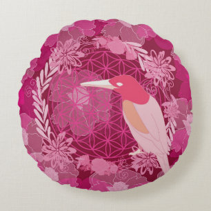Bird flower of life round pillow
