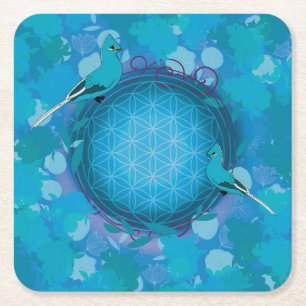 bird flower of life square paper coaster