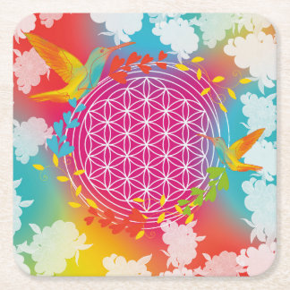 Bird flower of life square paper coaster