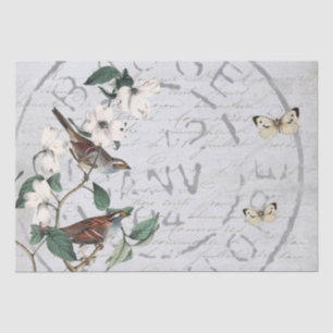 Bird Flower Postmark Butterfly French Script Blue  Tissue Paper