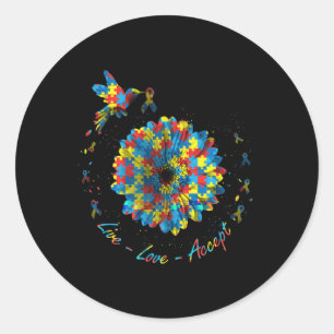 Bird Flower Ribbon Puzzle Live Love Accept Autism  Classic Round Sticker