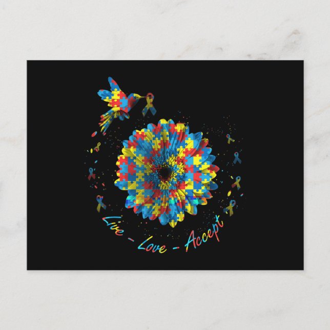 Bird Flower Ribbon Puzzle Live Love Accept Autism  Postcard (Front)