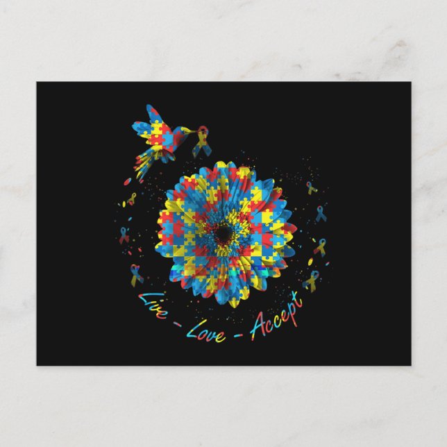 Bird Flower Ribbon Puzzle Live Love Accept Autism  Postcard (Front)